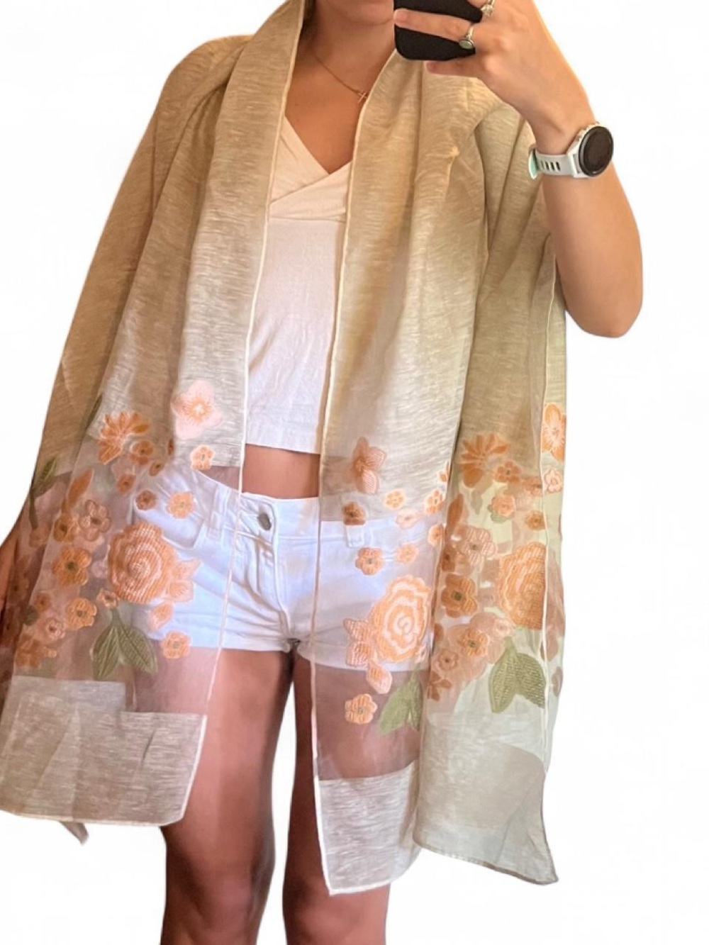 Vintage Beige Floral Embroidered Sheer Wrap Scarf